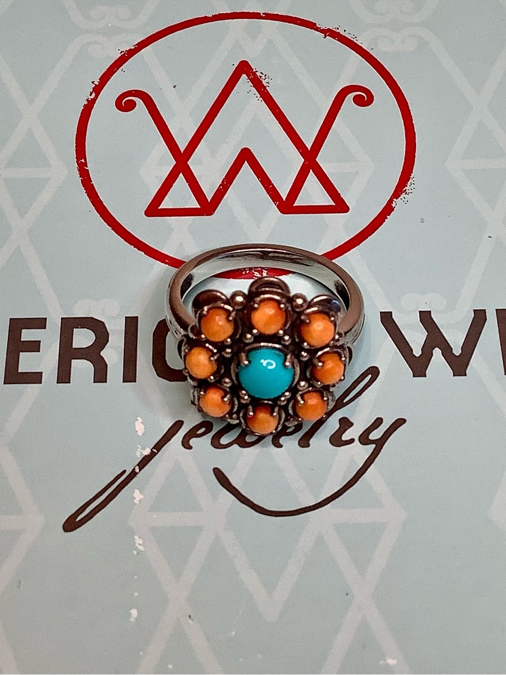 American West Turquoise Center Orange Spiny Oyster Floral Sterling Silver Ring